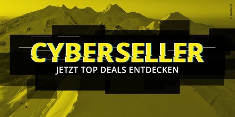 Gelb getöntes Bild mit schneebedeckten Bergen im Hintergrund. Der Text im Vordergrund lautet „CYBERSELLER JETZT TOP DEALS ENTDECKEN“ mit Glitch-Effekten.
