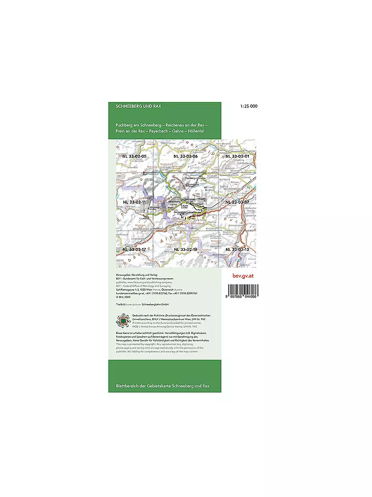 FREYTAG & BERNDT | BEV-Gebietskarte Schneeberg und Rax 1:25.000 | keine Farbe